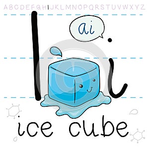Cute Ice Cube Practicing the Alphabet Lesson, Vector Illustration