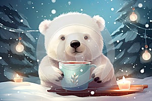 cute icebear drink hot chocolate on magic winter landscape