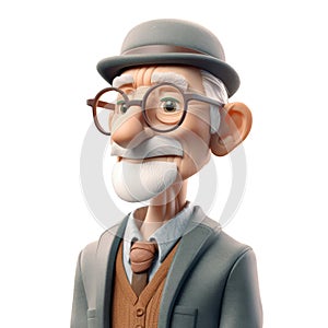 cute icon 3D old man avatar, elderly pensioner, senior grandfather portrait, happy retired cartoon face. Adult grandpa person,