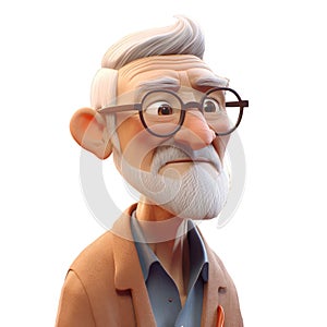 cute icon 3D old man avatar, elderly pensioner, senior grandfather portrait, happy retired cartoon face. Adult grandpa person,