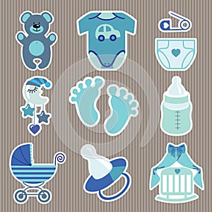 Cute icons for newborn baby boy.Strips background