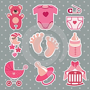 Cute icons for newborn baby girl.Polka dot background