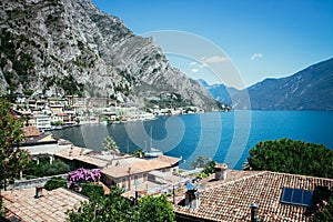 Cute idyllic Italian village and lake captured from the water. Limone at lago di Garda