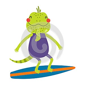 Cute iguana lizard surfing on a surfboard cartoon character illustration.