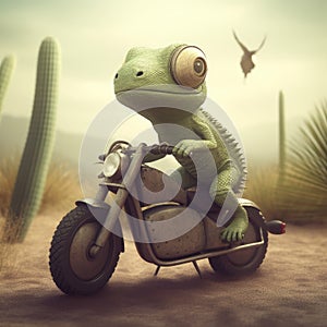 Cute Iguana Riding A Motorcycle In Jon Klassen Style Rendered In 3d Using Octane