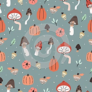 Cute illustrated fall pattern with mushrooms, pumpkinks, acorns, nuts, leaves.