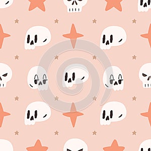 Cute illustrated halloween pattern with sculls and stars. Seamleass repeated background.