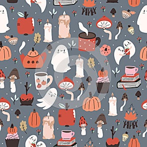 Cute illustrated halloween pattern. Seamleass repeated background.