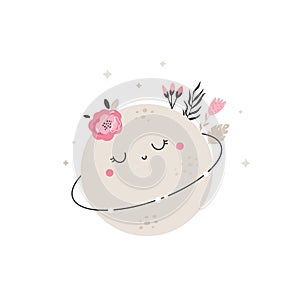 Cute illustration with adorable moon and blooming flowers. Composition for prints, nursery designs, kids apparel