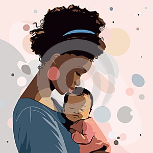 Cute illustration of african american woman hugging a baby