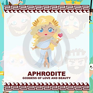 Cute illustration of Aphrodite Goddess of love and beauty. Greek God and Goddess flashcard collection