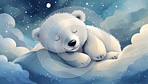 Cute illustration of a baby polar bear peacefully sleeping atop soft, fluffy clouds