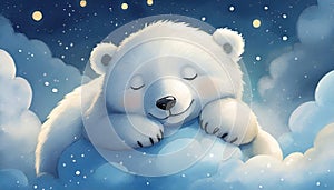 Cute illustration of a baby polar bear peacefully sleeping atop soft, fluffy clouds