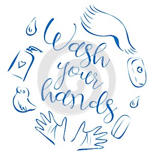 Cute illustration with bath products and text `wash your hands`