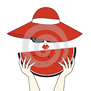 Cute vector illustration with beautiful young woman with red hat, sunglasses and watermelon slice