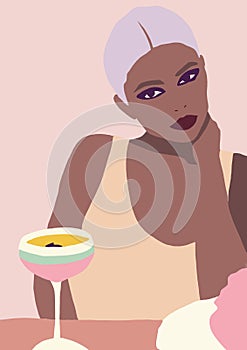 Cute  Illustration of biracial or multiracial trendy fashion girl. woman with brown skin having fun. Concept of girlpower.