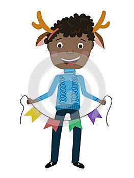 Cute illustration of a black teenager african boy. Children's holiday for New Year and Christmas. Boy decorates holiday