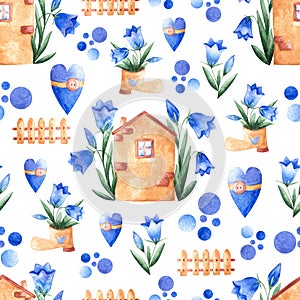 Cute illustration of bluebells flowers, little toy house, heart shaped pillow with button, fence, circles and shoe full of flowers