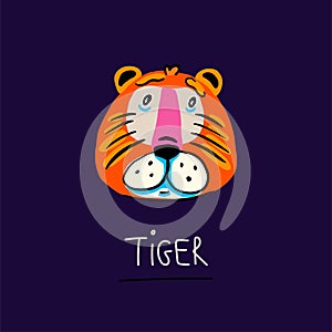 Cute illustration with cartoon character. Kindly tiger face isolated on dark background. Doodle style. Design element