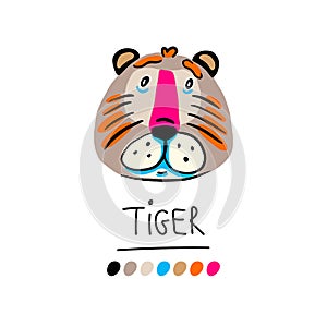 Cute illustration with cartoon character. Kindly tiger face isolated on white background. Doodle style. Design element