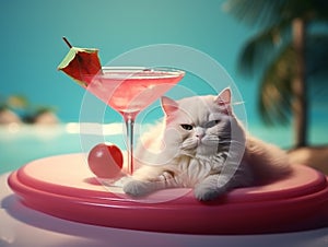 cute illustration of cat with cocktail in armchair, by the sea, totally relaxing, vacation concept