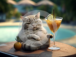 cute illustration of cat with cocktail in armchair, by the sea, totally relaxing, vacation concept