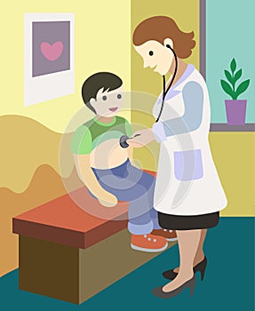 Cute illustration with child doctor and little boy.