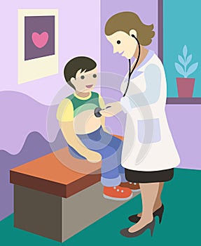 Cute illustration with child doctor and little boy.