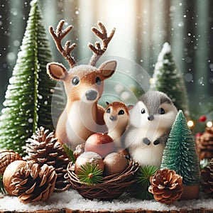 Cute illustration of Christmas greeting card composition from decors - forest animals and Christmas tree.