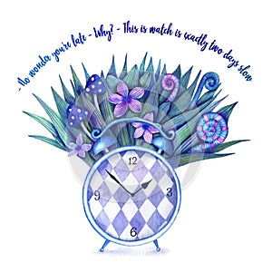 Cute illustration with a clock and a quote from Alice in Wonderland