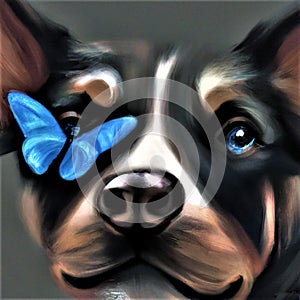 Cute illustration from a dogs head with blue butterfly at one of the blue eyes