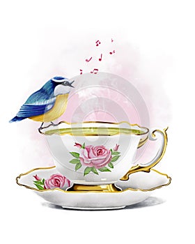 Cute illustration of an elegant vintage teacup with a small bird