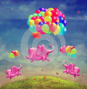 Cute illustration of flying elephants with balloons