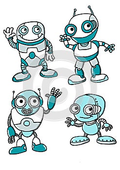 Cute illustration of four little robots saying hello