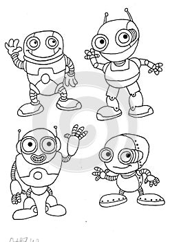 Cute illustration of four little robots saying hello