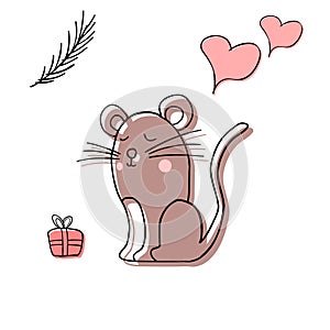 Cute illustration with a handmade mouse with a New Year s gift
