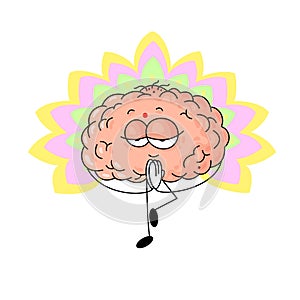 Cute illustration of human brain which  meditates relaxes and practices yoga.