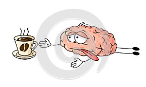 Cute illustration of human tired brain which creeps to a cup of coffee.