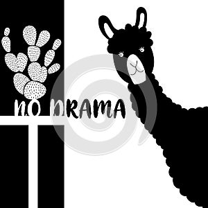 Cute illustration of a llama in black and white.