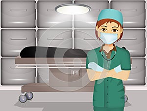 Illustration of pathologist performs autopsy on the corpse