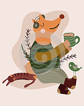 Cute illustration with red fox drinking hot tea and listening to music, lazy cat, bird. Perfect vector design for