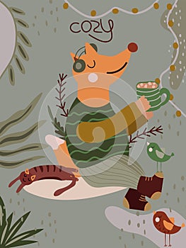 Cute illustration with red fox drinking hot tea and listening to music, lazy cat, bird. Perfect vector design for