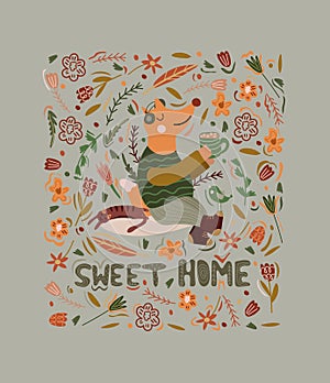 Cute illustration with red fox drinking hot tea and listening to music, lazy cat, bird and text sweet home. Perfect