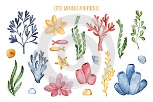 Cute illustration with seaweeds and corals.Underwater collection.