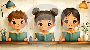 Cute Illustration of Three Children Reading Books on a Shelf