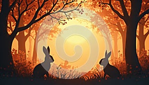 Cute illustration of two easter bunnys in a forest