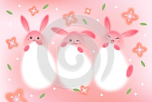 Cute Illustration in Watercolor Style with Happy Pink Easter Rabbits with Big White Eggs. Spring Gradient Background for