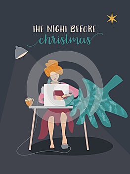 Cute illustration with a woman sewing a quilt Christmas tree at night before Christmas. Winter Holidays vector design