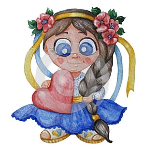 Cute illustrations watercolor. Ukrainian girl in national dress with a scarlet heart in her hands. On the head there is