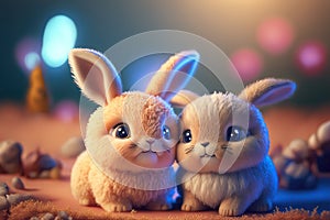 Cute image of the bunny characters full of love and happiness. Abstract picture of romantic dinner. Food Character concept